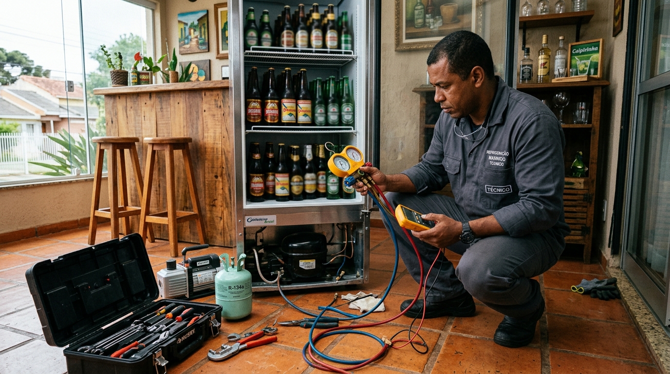 Profissional executando reparo no motor de cervejeira em Santo André‑SP