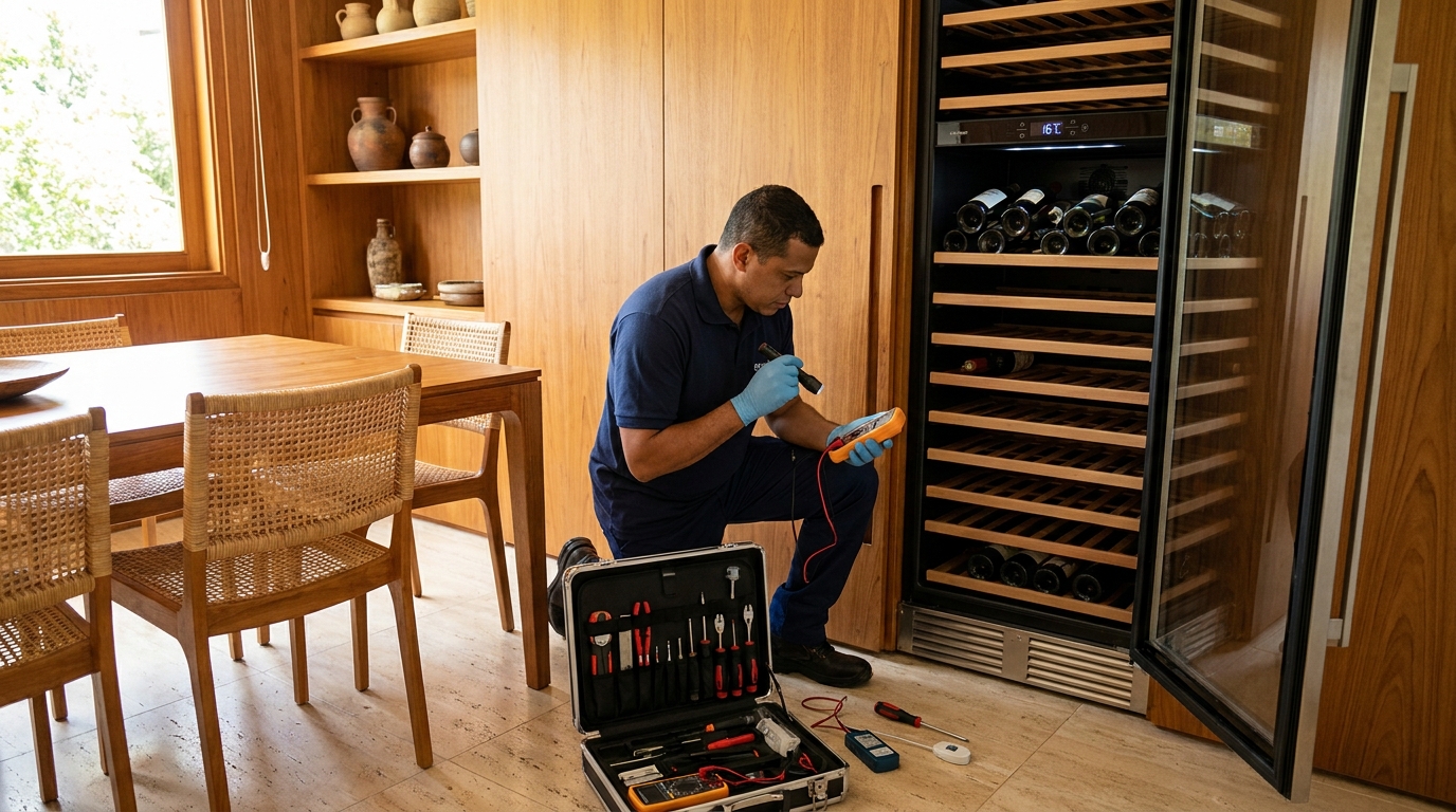 Substituição de termostato em adega climatizada em visita técnica em Santo André‑SP